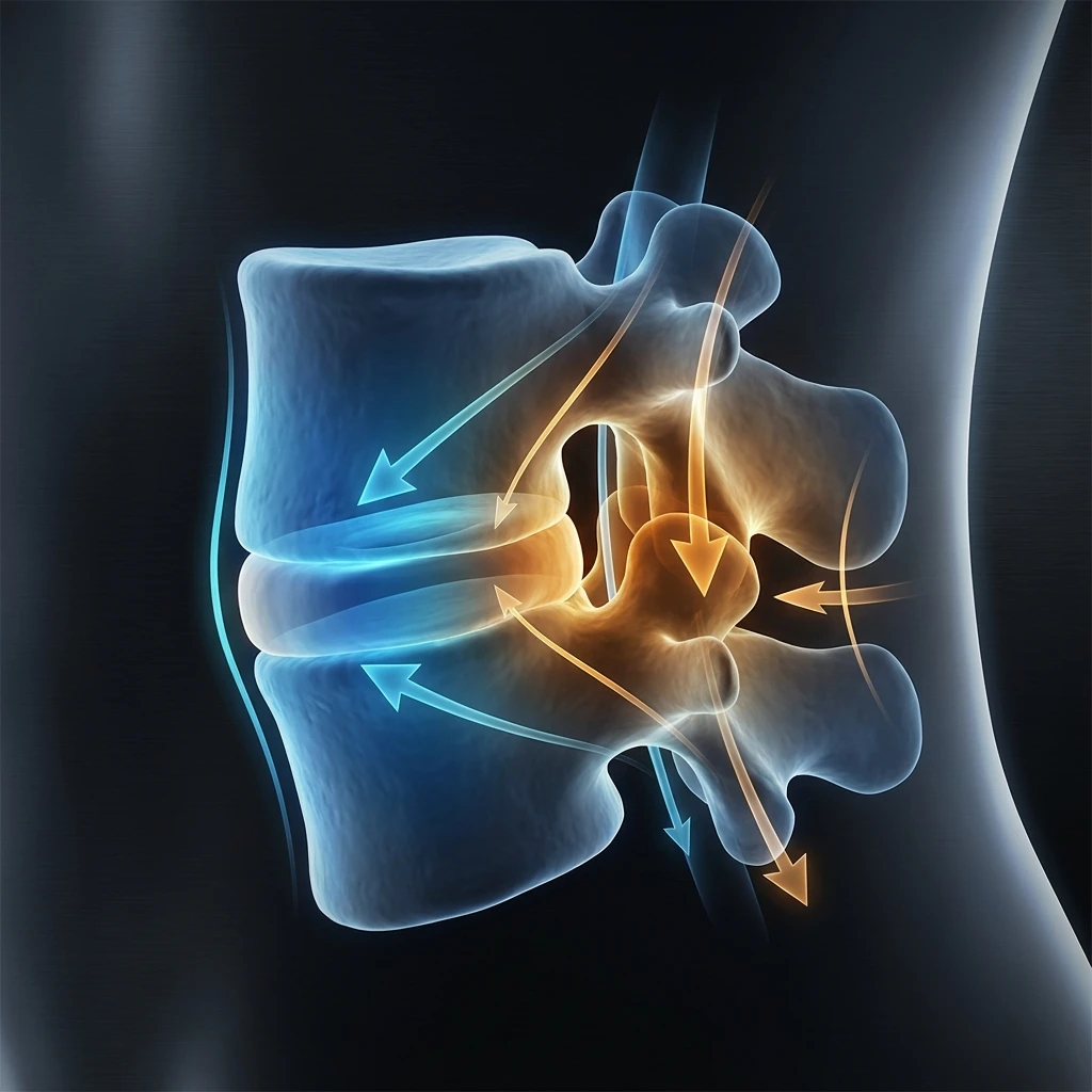 Spinal biomechanics illustration showing load distribution
