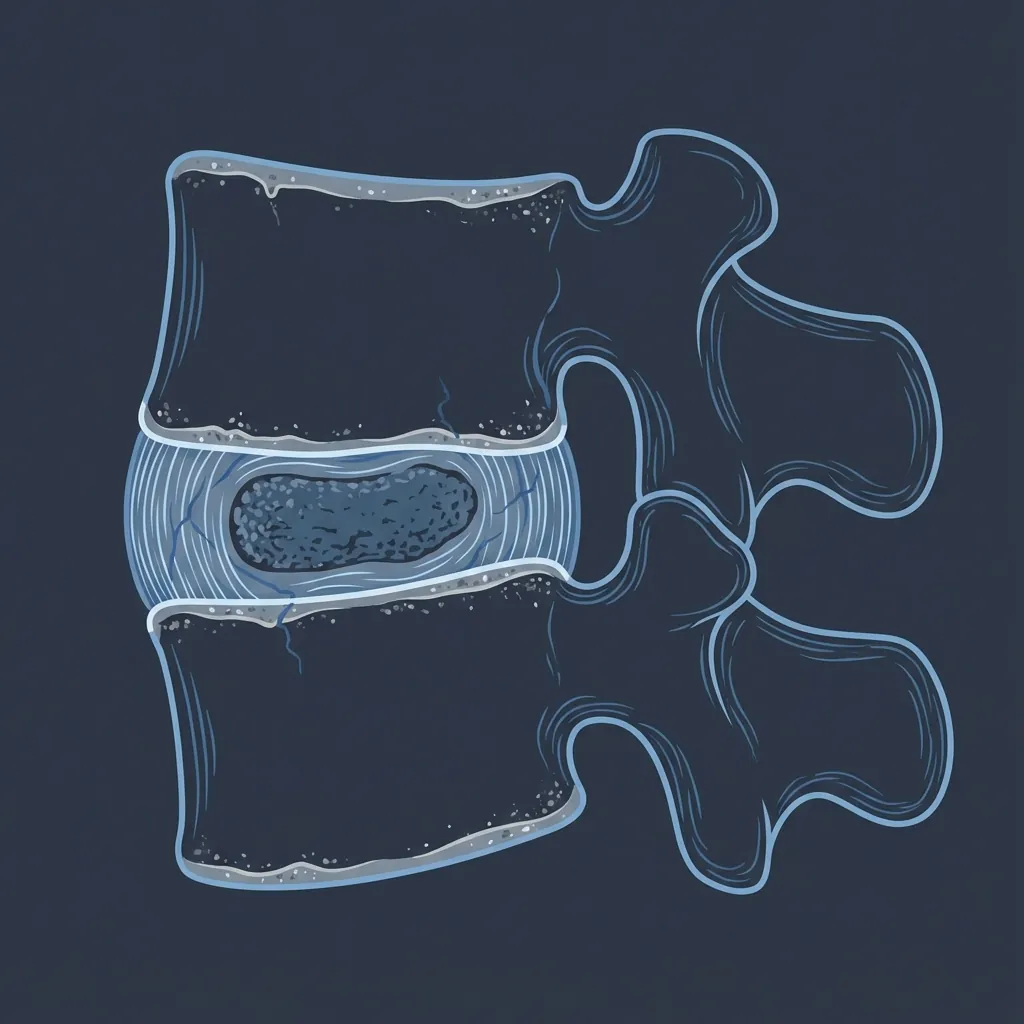 Early Shift - Dehydration: Water content drops to ~70%. Nucleus less full, subtle height loss. No herniation yet.