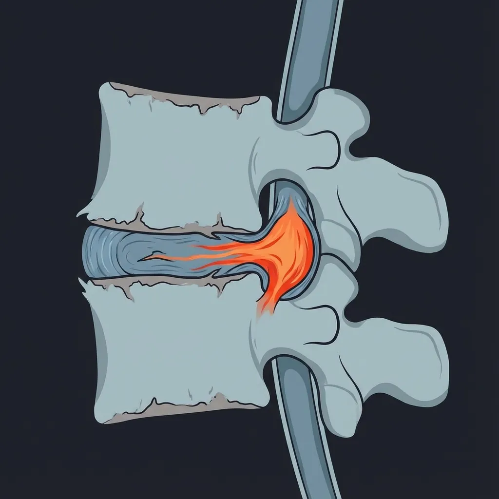 Structural Break - Herniation: Annular tears, outward herniation, significant height loss, osteophytes forming.